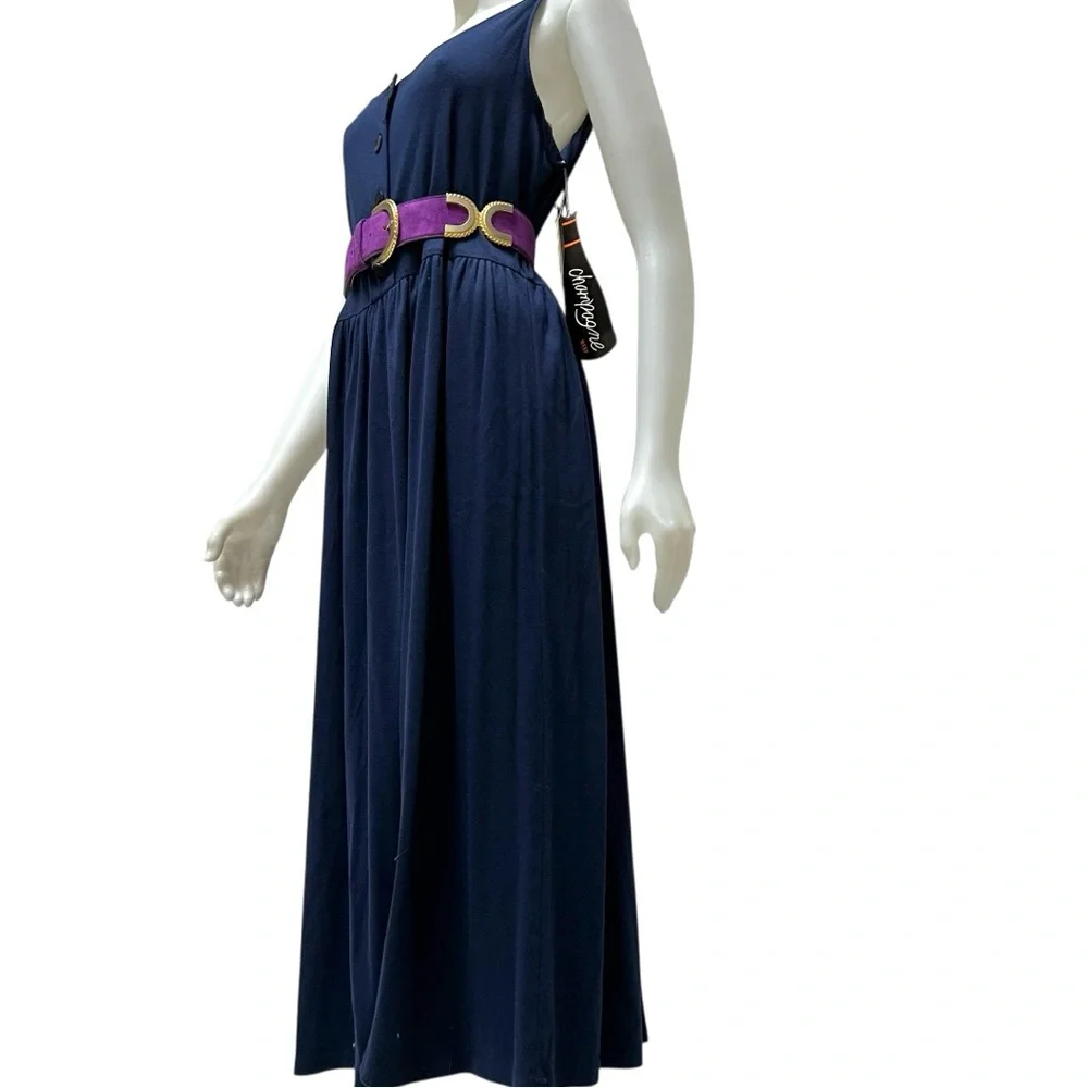 Vtg CHAMPAGNE Maxi Dress Drop-Waist Navy Minimalist Lagenlook NWT 90's‎ X-large